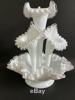 Vintage Fenton Milk Glass Silver Crest 4 Horn Epergne Bowl Vase Centerpiece