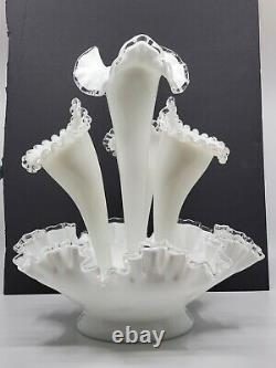Vintage Fenton Milk Glass Silver Crest 4 Horn Epergne Bowl Vase Centerpiece