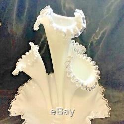 Vintage Fenton Milk Glass Silver Crest Large 4 Horn Epergne