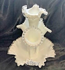 Vintage Fenton Milk Glass Silver Crest Large 4 Horn Epergne