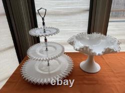 Vintage Fenton Milk Glass Silvercrest 3 Tier Tray & Compote Set