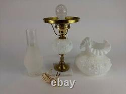 Vintage Fenton Milkglass Cabbage Rose Student Desk Lamp with Marble Base