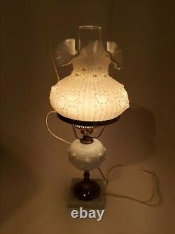 Vintage Fenton Milkglass Cabbage Rose Student Desk Lamp with Marble Base