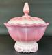 Vintage Fenton Rosalene Ogee Pink Milk Slag Glass Covered Candy Dish W Base Rose
