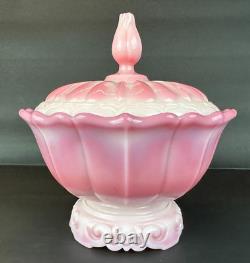 Vintage Fenton Rosalene Ogee Pink Milk Slag Glass Covered Candy Dish w Base Rose