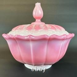 Vintage Fenton Rosalene Ogee Pink Milk Slag Glass Covered Candy Dish w Base Rose