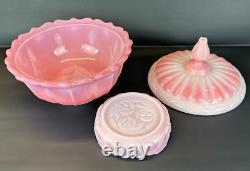 Vintage Fenton Rosalene Ogee Pink Milk Slag Glass Covered Candy Dish w Base Rose