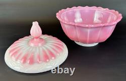 Vintage Fenton Rosalene Ogee Pink Milk Slag Glass Covered Candy Dish w Base Rose