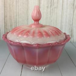 Vintage Fenton Rosalene Ogee Pink Milk Slag Glass Covered Candy Dish w Base Rose