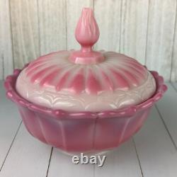 Vintage Fenton Rosalene Ogee Pink Milk Slag Glass Covered Candy Dish w Base Rose
