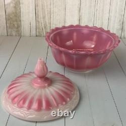Vintage Fenton Rosalene Ogee Pink Milk Slag Glass Covered Candy Dish w Base Rose