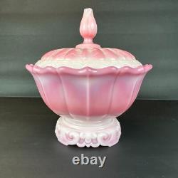 Vintage Fenton Rosalene Ogee Pink Milk Slag Glass Covered Candy Dish w Base Rose