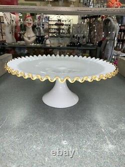 Vintage Fenton Ruffled Gold Crest White Milk Glass Pedestal Cake Stand