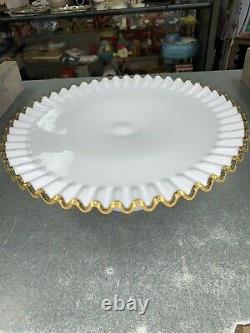 Vintage Fenton Ruffled Gold Crest White Milk Glass Pedestal Cake Stand