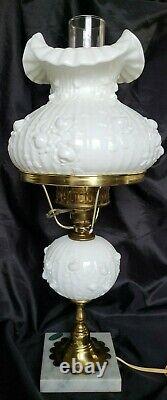 Vintage Fenton Sculptured Cabbage Roses Student Lamp Milk Glass Beauty