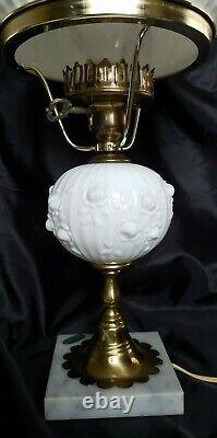 Vintage Fenton Sculptured Cabbage Roses Student Lamp Milk Glass Beauty