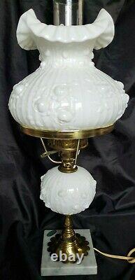 Vintage Fenton Sculptured Cabbage Roses Student Lamp Milk Glass Beauty