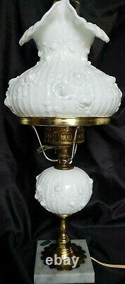 Vintage Fenton Sculptured Cabbage Roses Student Lamp Milk Glass Beauty