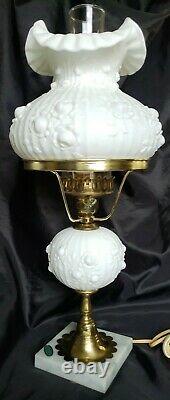 Vintage Fenton Sculptured Cabbage Roses Student Lamp Milk Glass Beauty