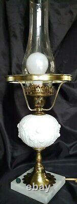 Vintage Fenton Sculptured Cabbage Roses Student Lamp Milk Glass Beauty