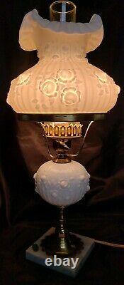 Vintage Fenton Sculptured Cabbage Roses Student Lamp Milk Glass Beauty