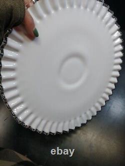 Vintage Fenton Silver Crest Cake Plate Dish Milk Glass Ruffled Edge Footed 12