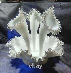 Vintage Fenton Silver Crest Milk Glass 3 Horn Epergne Vase White Silver