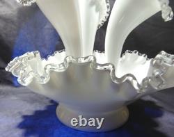 Vintage Fenton Silver Crest Milk Glass 3 Horn Epergne Vase White Silver
