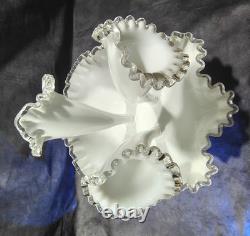 Vintage Fenton Silver Crest Milk Glass 3 Horn Epergne Vase White Silver