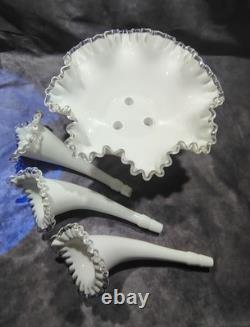 Vintage Fenton Silver Crest Milk Glass 3 Horn Epergne Vase White Silver