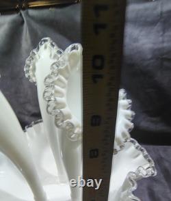 Vintage Fenton Silver Crest Milk Glass 3 Horn Epergne Vase White Silver
