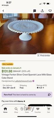 Vintage Fenton Silver Crest Spanish Lace Milk GlassCakeStand
