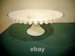 Vintage Fenton Silver Crest White Milk Glass Pedestal Ruffled Edge Cake Plate