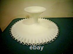 Vintage Fenton Silver Crest White Milk Glass Pedestal Ruffled Edge Cake Plate