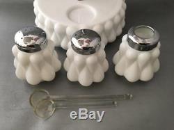 Vintage Fenton Teardrop Raindrop Milk Glass Condiment Set Salt Pepper Jar & Tray