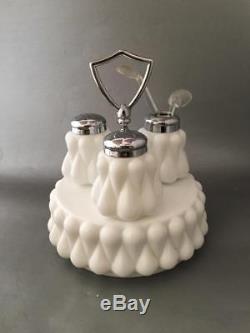 Vintage Fenton Teardrop Raindrop Milk Glass Condiment Set Salt Pepper Jar & Tray