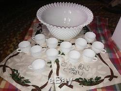 Vintage Fenton White Hobnail Punch Bowl Milk Glass 12 Cups 12 Hooks LARGE BOWL
