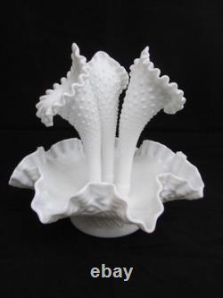 Vintage Fenton White Milk Glass 3-Horn Hobnail Epergne Ruffled Center Piece Larg