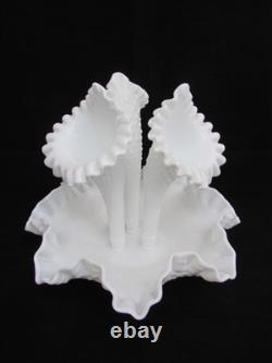 Vintage Fenton White Milk Glass 3-Horn Hobnail Epergne Ruffled Center Piece Larg