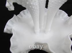 Vintage Fenton White Milk Glass 3-Horn Hobnail Epergne Ruffled Center Piece Larg