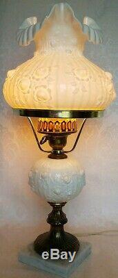 Vintage Fenton White Milk Glass Cabbage Rose Ruffled Student Lamp