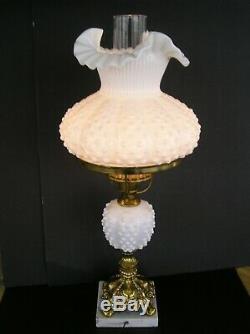Vintage Fenton White Milk Glass Hobnail 3807 21 inch Student Lamp Lovely 1960s