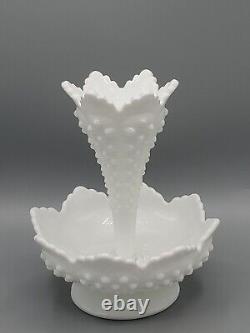 Vintage Fenton White Milk Glass Hobnail Epergne With One Horn