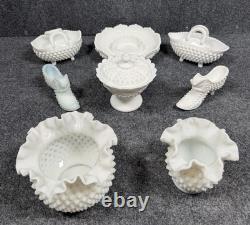 Vintage Fenton White Milk Glass Hobnail SET OF 8 Pieces (near Mint)