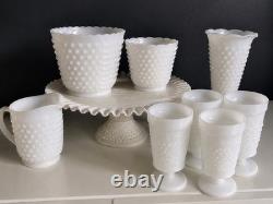 Vintage Fenton White Milk Glass Hobnail Set of 9 Cake Stand Vase Goblets Pitcher