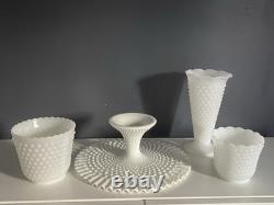 Vintage Fenton White Milk Glass Hobnail Set of 9 Cake Stand Vase Goblets Pitcher