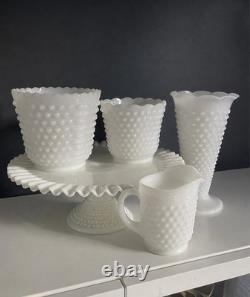 Vintage Fenton White Milk Glass Hobnail Set of 9 Cake Stand Vase Goblets Pitcher