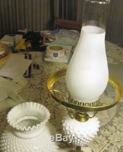 Vintage Fenton White Milk Glass Hobnail Student Hurricane Parlor Lamp Light