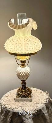 Vintage Fenton White Milk Glass Hobnail Student Lamp With Brass Base