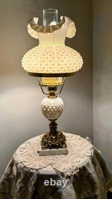 Vintage Fenton White Milk Glass Hobnail Student Lamp With Brass Base